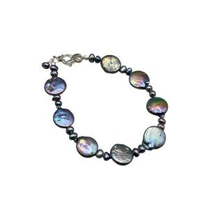 Genuine Peacock Pearl Bracelet  925 Silver Clasp Lentil Shaped Beads 8.5 Inch